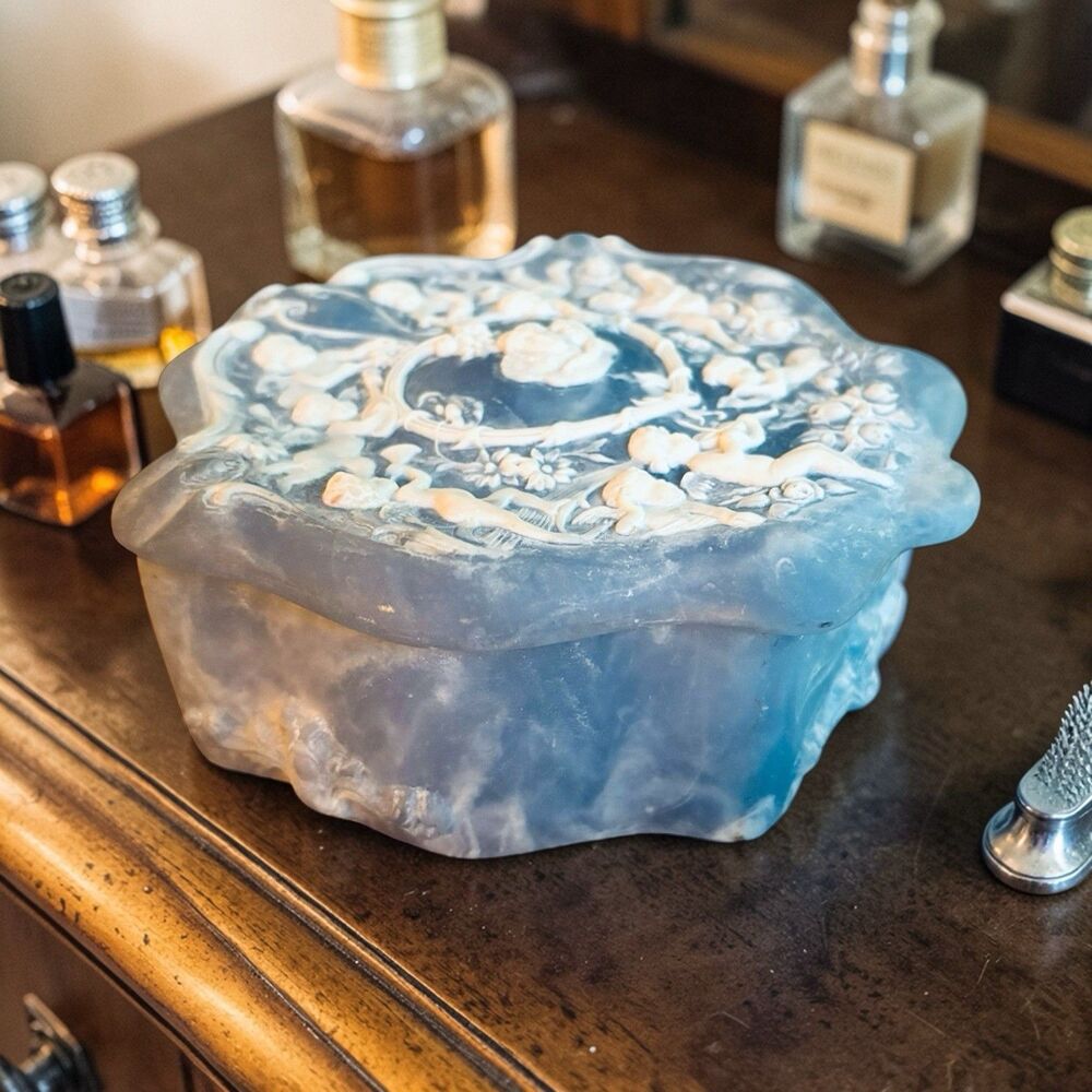 Incolay Stone Blue Cherubs Jewelry Trinket Box Velvet Lined Vintage